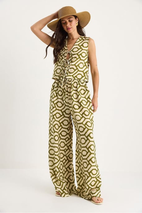 Geometrische V-hals Lange Tuniek en Wijde Pantalon Set - Image 4