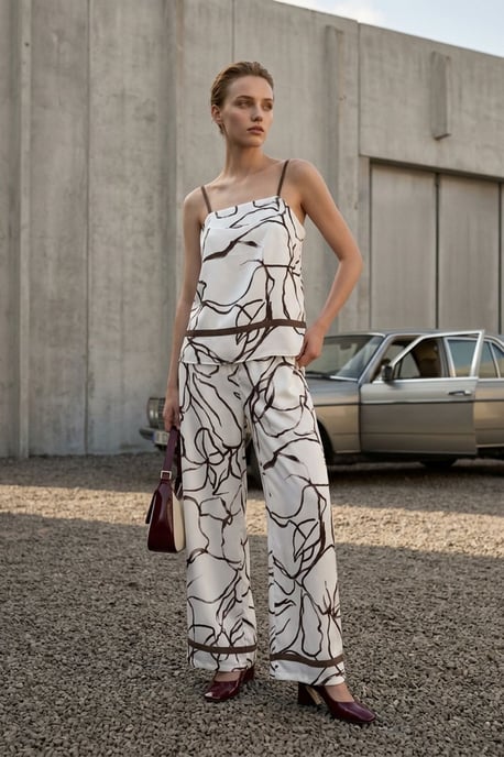 Abstract Satin Strapless Blus och Vida Byxor Set - Image 1