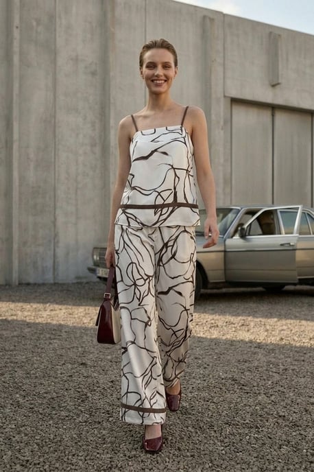 Abstract Satin Strapless Blus och Vida Byxor Set - Image 5