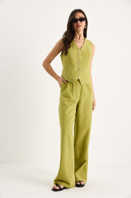 V-hals Vest en Wijde Pantalon Twee-delige Coord Set - Image 3