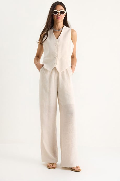 V-hals Vest en Wijde Pantalon Twee-delige Coord Set - Image 1