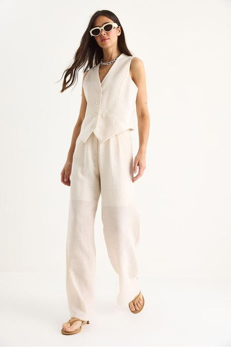 V-hals Vest en Wijde Pantalon Twee-delige Coord Set - Image 3
