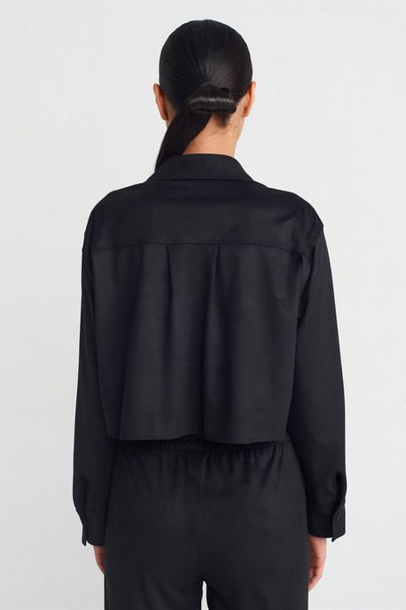 Dames Geplooide Faux Suede Knop Shirt - Image 2