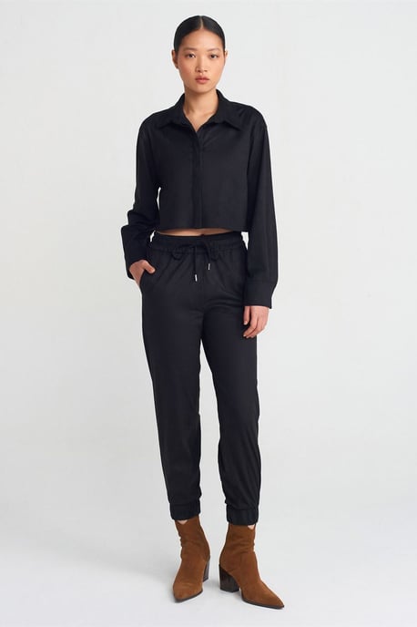 Dames Geplooide Faux Suede Knop Shirt - Image 3