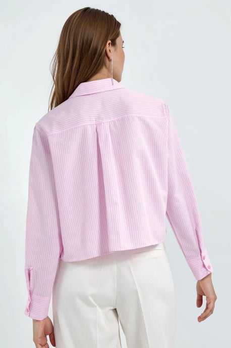 Striped Crop Button-Up Shirt with Shirt Collar - Image 3