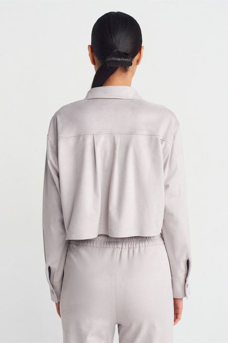 Dames Korte Faux Suède Knopenblouse - Image 2