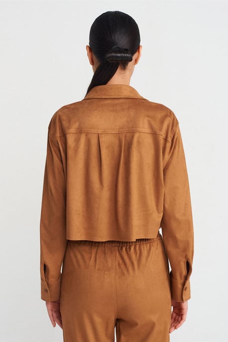 Dames Korte Nep Suede Knopen Shirt - Image 2