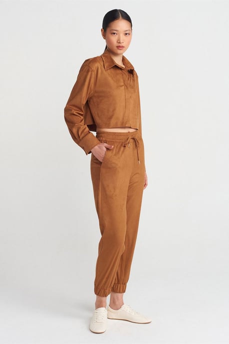 Dames Korte Nep Suede Knopen Shirt - Image 3