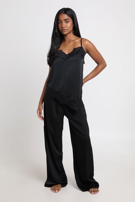 Satin Lace Trim Asymmetric Hem Cami & Trouser Pyjama Set - Image 1
