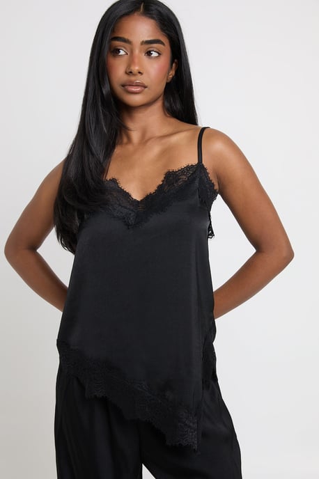 Satin Lace Trim Asymmetric Hem Cami & Trouser Pyjama Set - Image 3