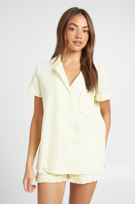 Textured Frill Detail Short Sleeve Shirt & Short Pyjama Set - Image 1