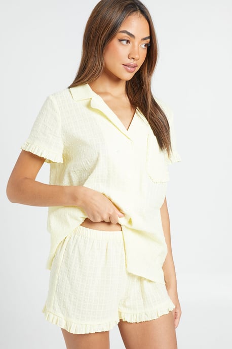 Textured Frill Detail Short Sleeve Shirt & Short Pyjama Set - Image 3