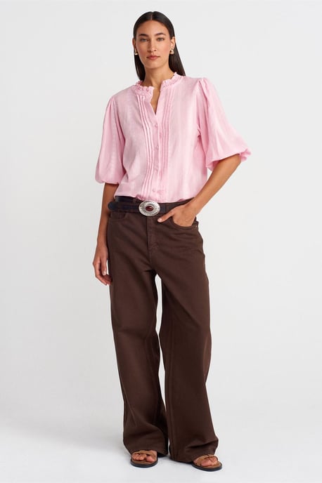 Dames Effen Mandarijnkraag Geweven Shirt - Image 4