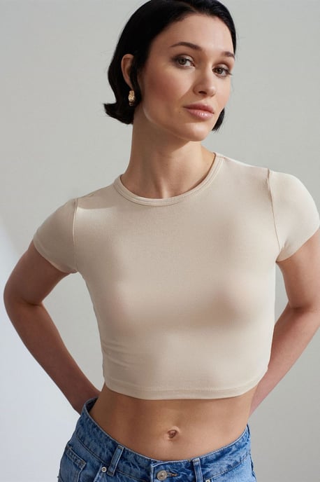 Dames Crop Slim-Fit Crew Neck T-Shirt - Image 2