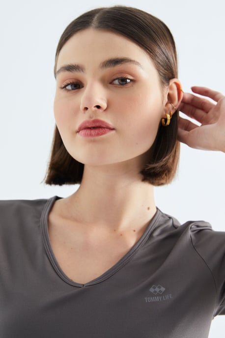 Dames Effen V-Hals Korte Mouwen T-Shirt - Image 3