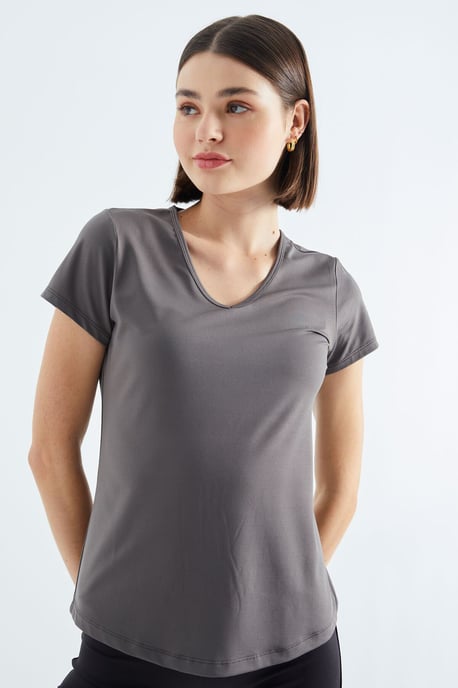 Dames Effen V-Hals Korte Mouwen T-Shirt - Image 4