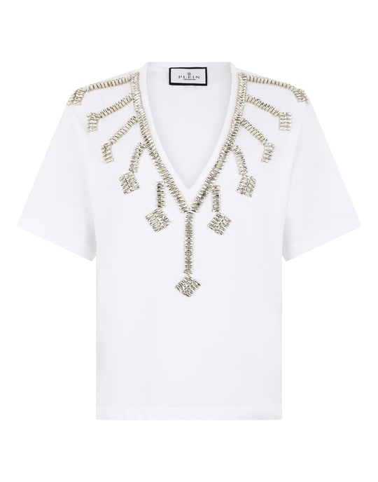 V-Neck T-Shirt Crystal Fringes Crystal - Image 1