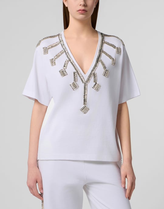 V-Neck T-Shirt Crystal Fringes Crystal - Image 2