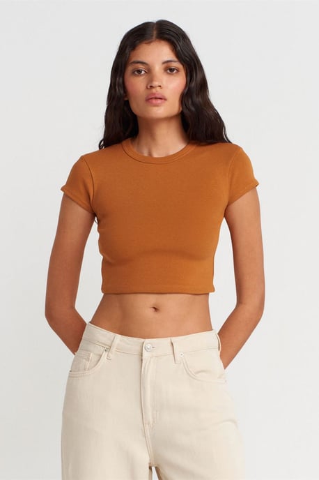 Dames Slim Fit Korte Crop Crew Neck T-Shirt - Image 3