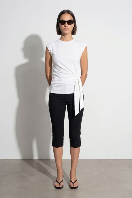 Dames Mouwloze Katoenen T-shirt met Crew Neck en Strikdetail - Image 1
