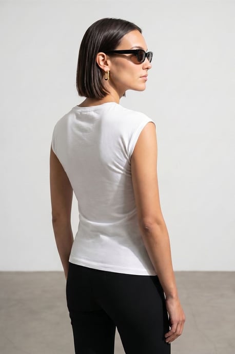 Dames Mouwloze Katoenen T-shirt met Crew Neck en Strikdetail - Image 2