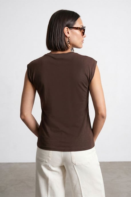 Dames Mouwloze Katoenen T-shirt met Ronde Hals en Strikdetail - Image 2