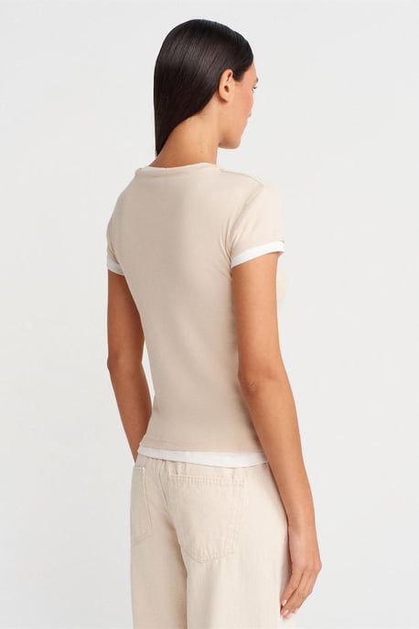 Dames Katoenen V-Hals Knop T-Shirt - Image 2