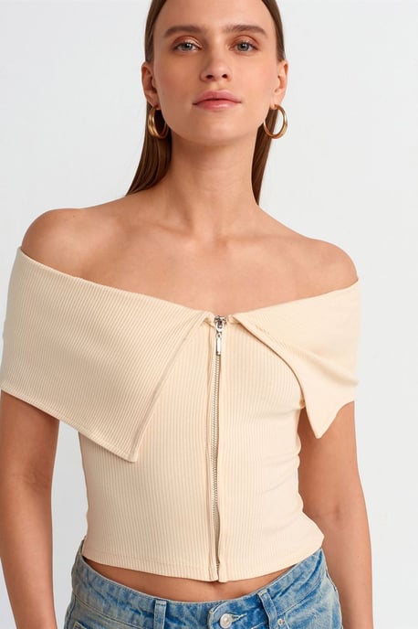 Kvinno Off-shoulder Crop T-shirt med dragkedja - Image 4