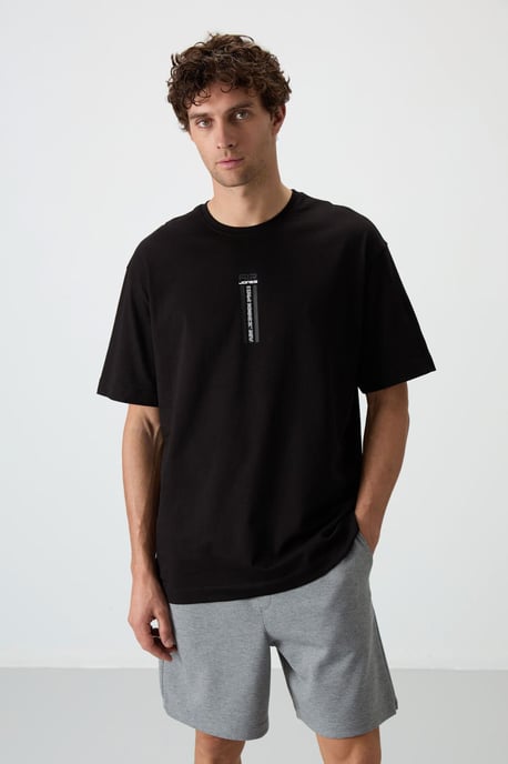 Överdimensionerad T-shirt med tryck i bomull, rund hals - Image 1