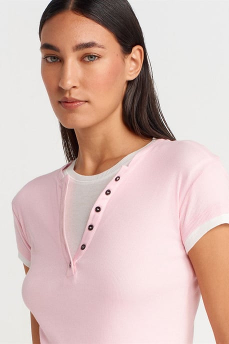 Dames Katoenen V-Hals Knop T-Shirt - Image 3