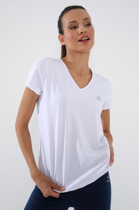 Dames Effen V-Hals Korte Mouwen T-Shirt - Image 3