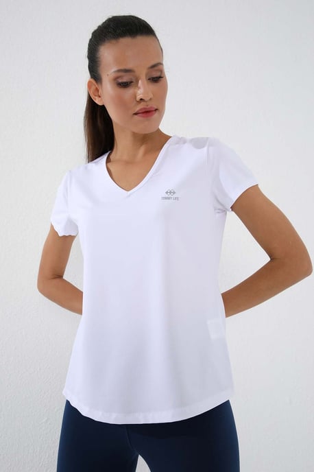 Dames Effen V-Hals Korte Mouwen T-Shirt - Image 5