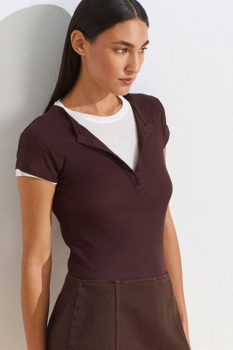 Dames Katoenen V-hals Knop T-Shirt - Image 2
