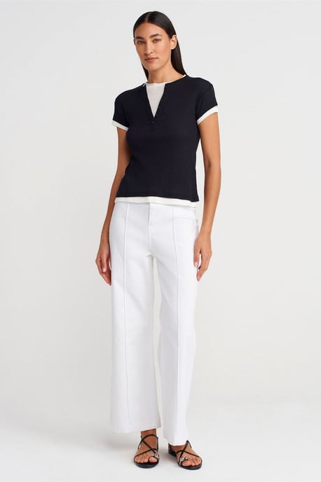 Dames Katoenen V-Hals Knop T-shirt - Image 3