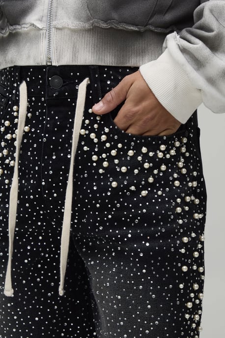Relaxed Rhinestone Extended Drawcord Denim Shorts - Image 3