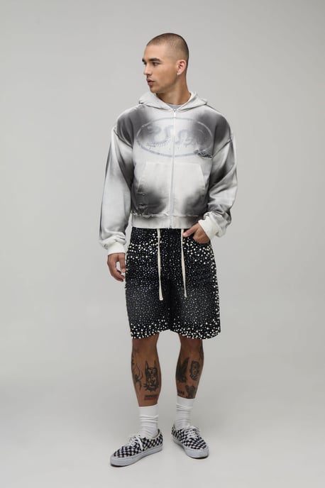 Relaxed Rhinestone Extended Drawcord Denim Shorts - Image 4