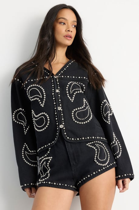 Paisley Studded Denim Shorts - Image 1