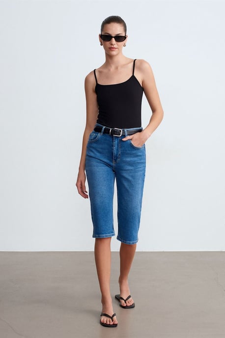 Hoge Taille Denim Capri Shorts - Image 3