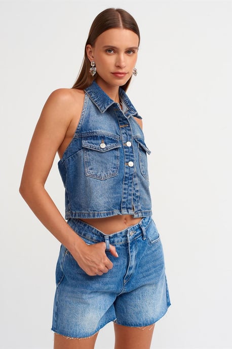 Hoge Taille Denim Shorts Met Knopen Sluiting - Image 3