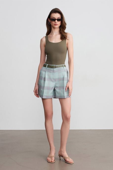 Hoge Taille Geruite Short met Ceintuur - Image 1