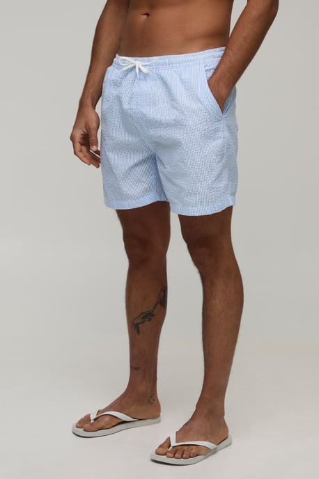 Seersucker Striped Mid Length Swim Shorts - Image 1