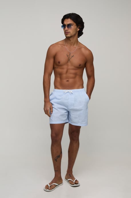 Seersucker Striped Mid Length Swim Shorts - Image 4