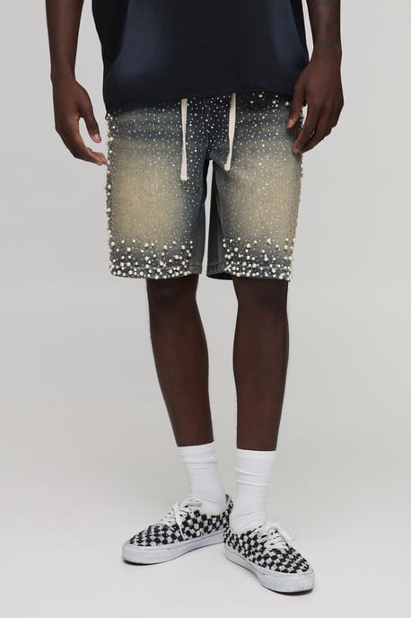 Relaxed Rhinestone Extended Drawcord Denim Shorts - Image 1