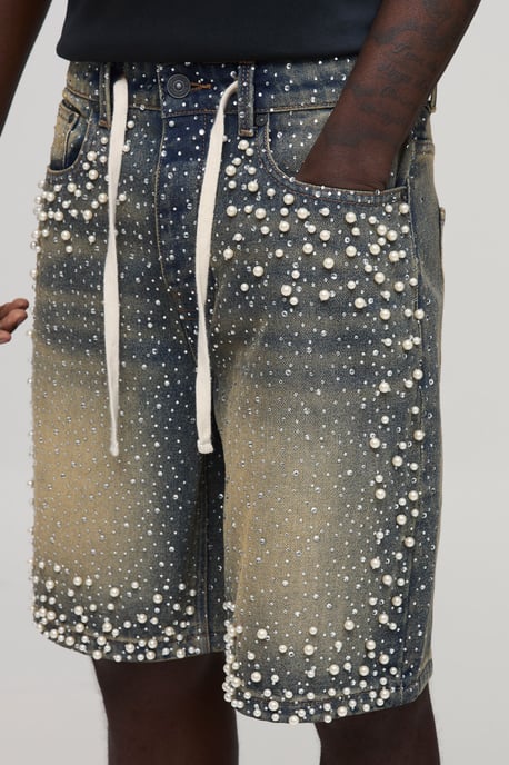 Relaxed Rhinestone Extended Drawcord Denim Shorts - Image 3