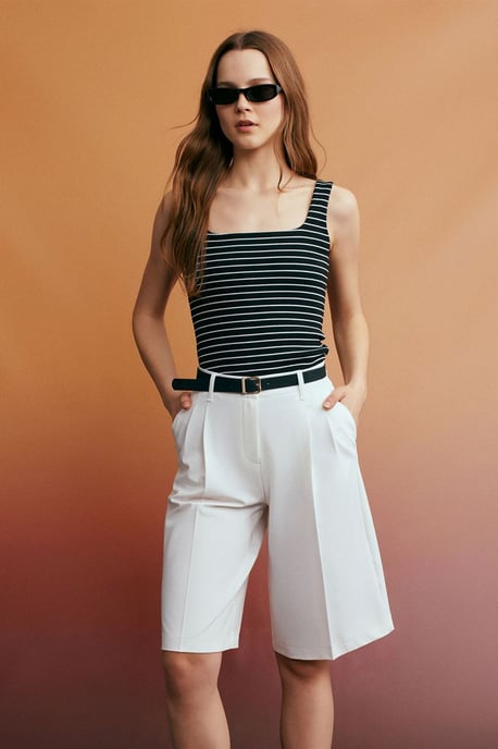 High-waist Belted Woven Tailored Shorts - Image 1