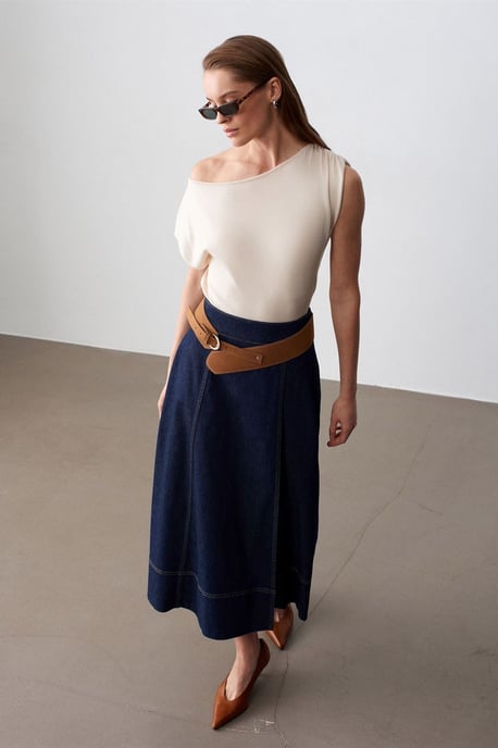 Hoog-Waist A-Lijn Denim Maxi Rok Met Riem - Image 1
