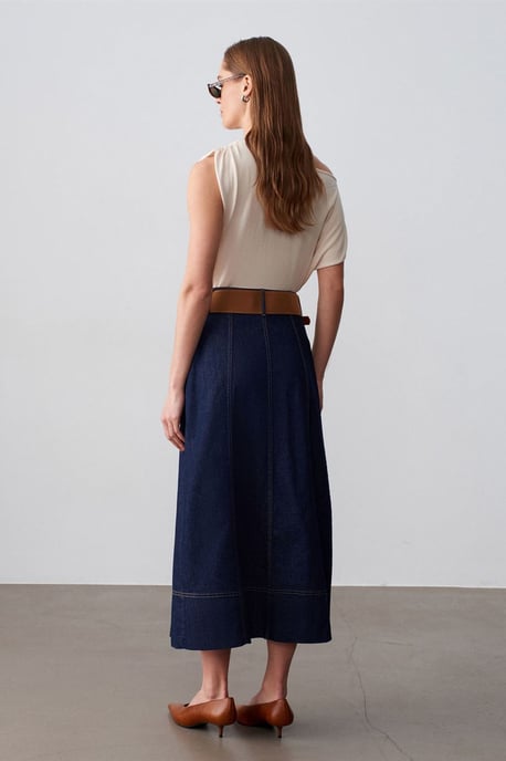 Hoog-Waist A-Lijn Denim Maxi Rok Met Riem - Image 2