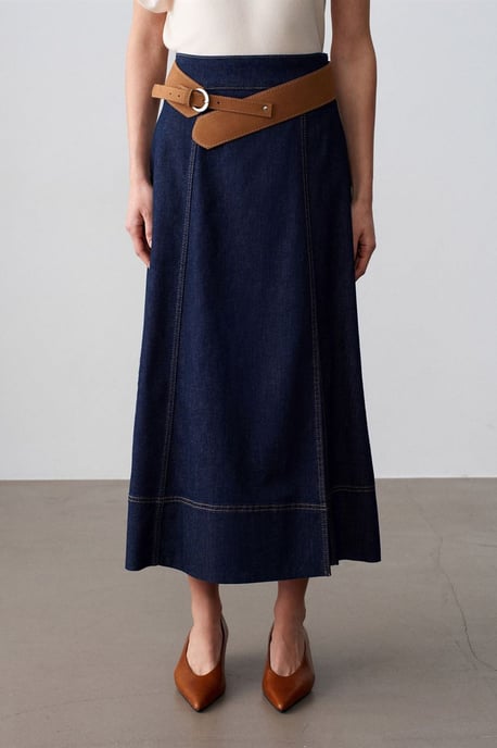 Hoog-Waist A-Lijn Denim Maxi Rok Met Riem - Image 3