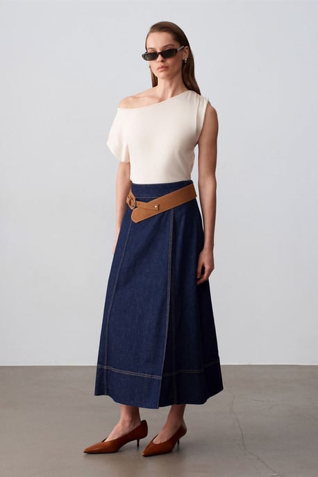Hoog-Waist A-Lijn Denim Maxi Rok Met Riem - Image 4