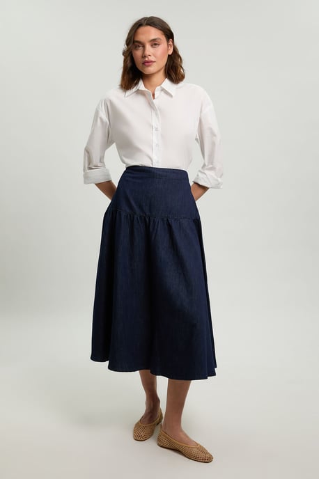 Denim Pleated Full Midi Skirt - Image 1
